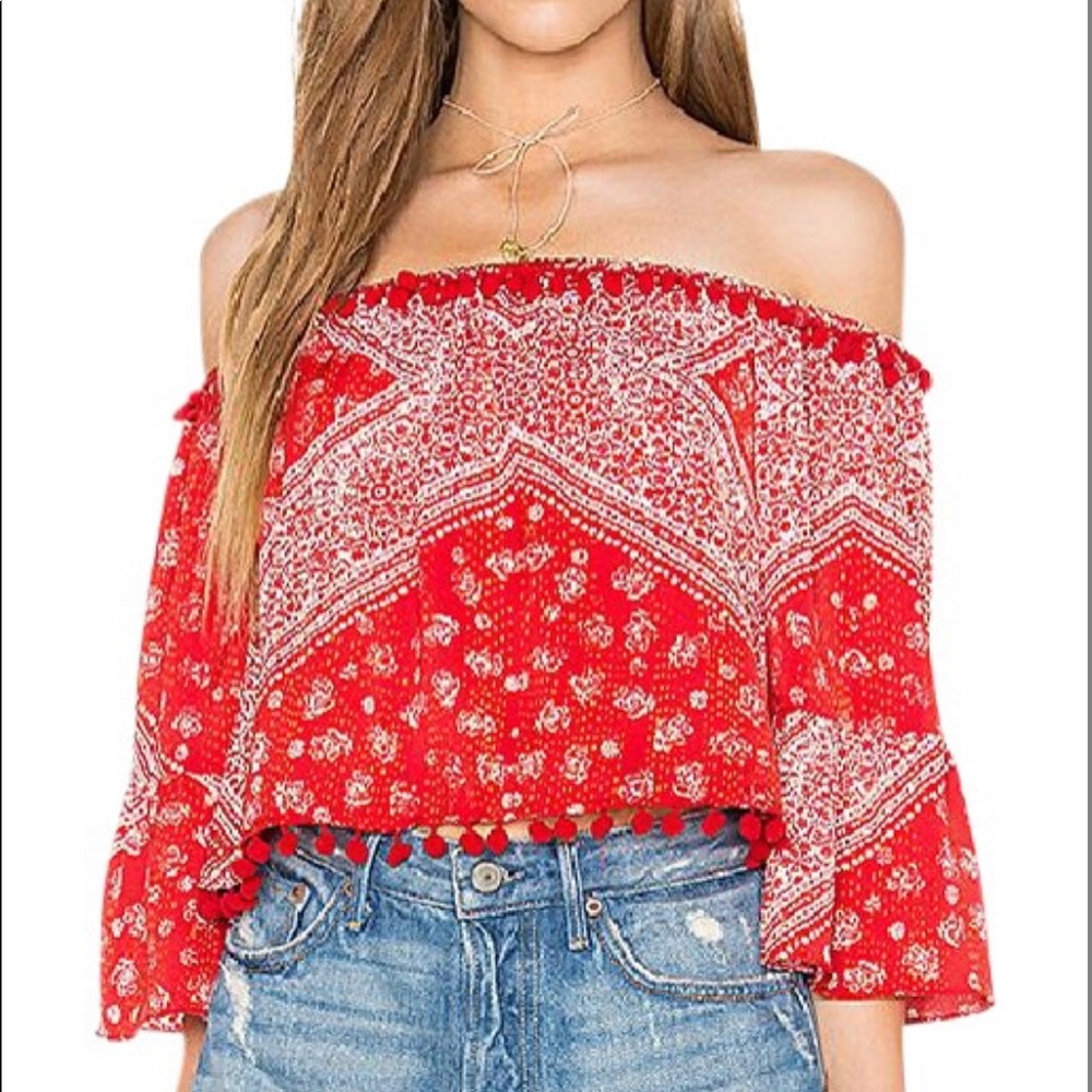 Tularosa Red Off the Shoulder Bandana Print Blouse